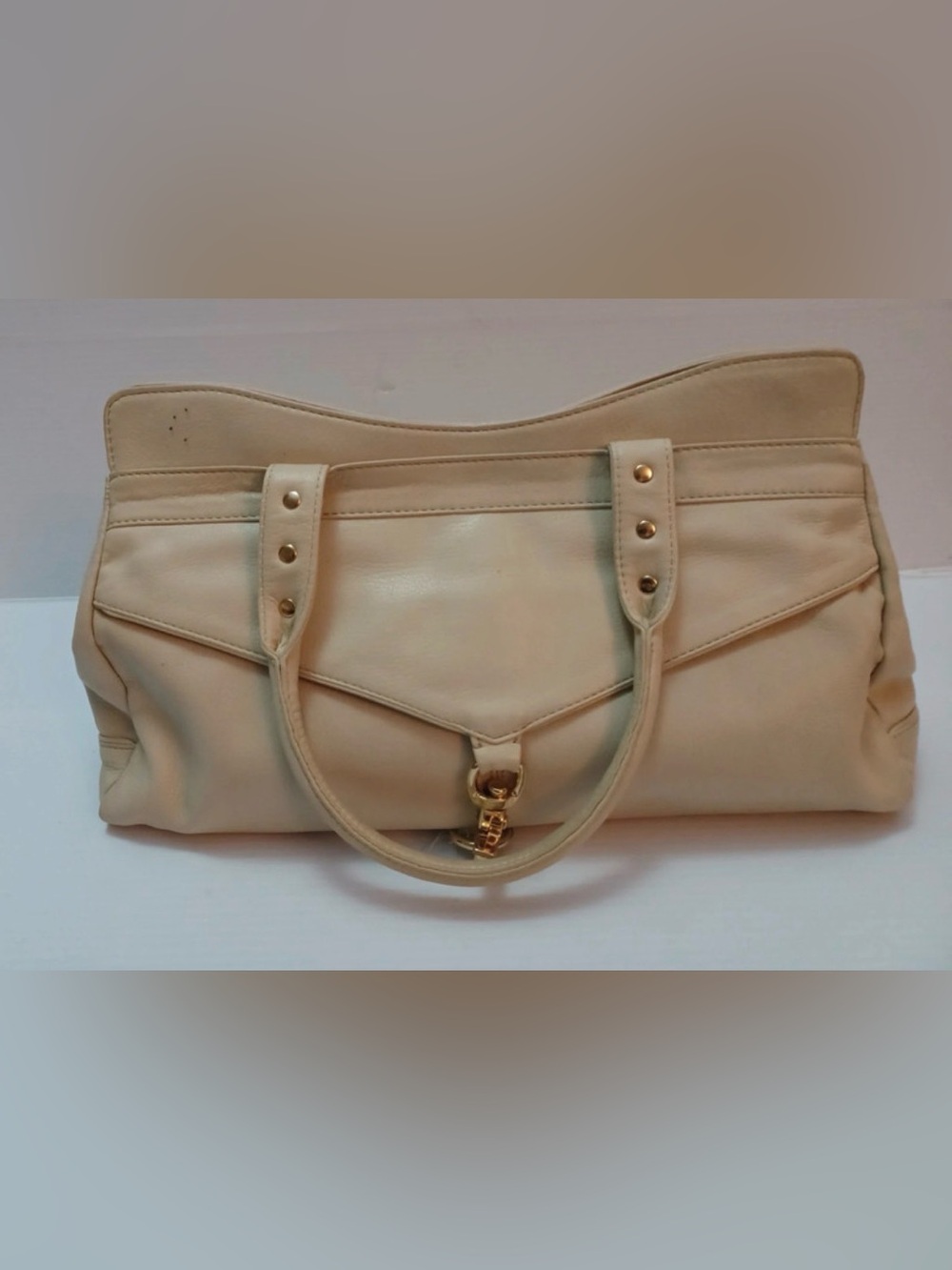 Botkier Trigger Leather Satchel Beige Cream Gold Moto Shoulder Bag Purse